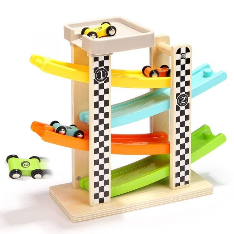 Race Track Car Ramp with 4 wooden Cars for 2 year toddlers